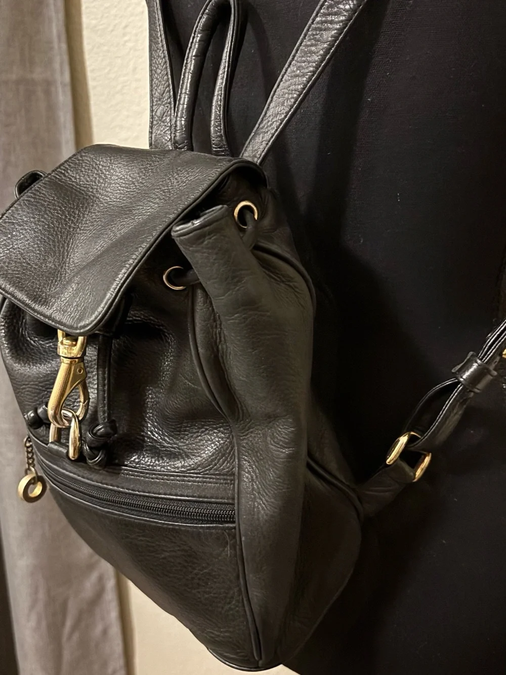 Perlina vintage Black Soft Leather Backpack with Gold Hardware